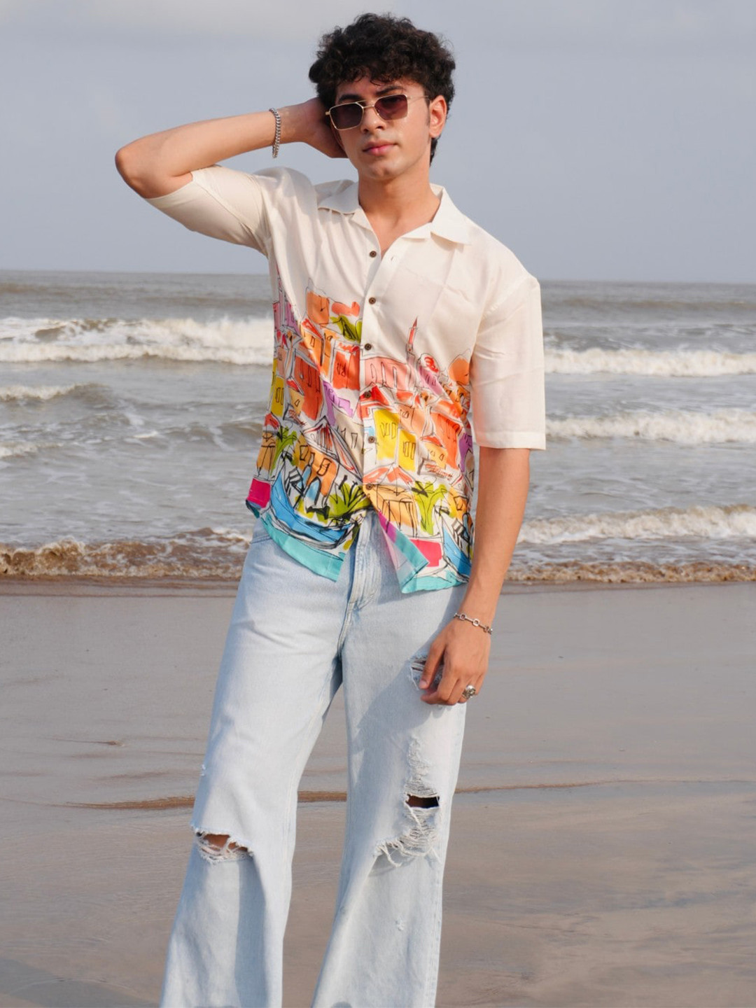 

Firangi Yarn Modern Conversational Printed Cuban Collar Linen Oversized Casual Shirt, Off white