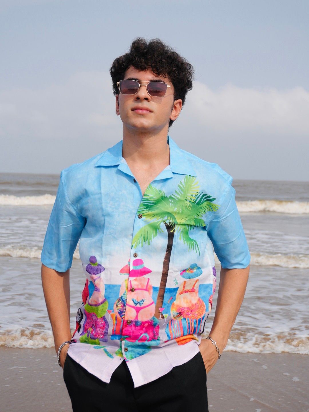 

Firangi Yarn Modern Conversational Printed Cuban Collar Linen Oversized Casual Shirt, Blue