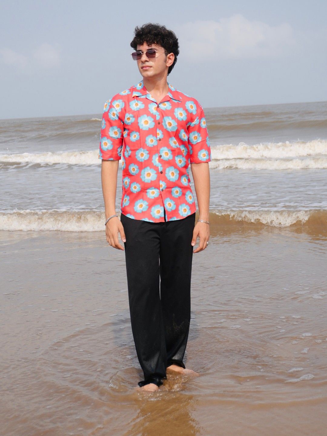 

Firangi Yarn Modern Floral Printed Cuban Collar Linen Oversized Casual Shirt, Red