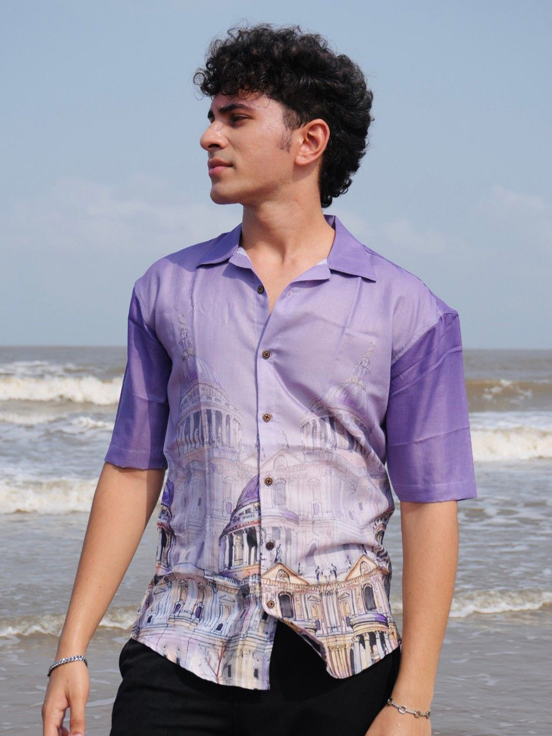 

Firangi Yarn Modern Conversational Printed Cuban Collar Linen Oversized Casual Shirt, Lavender