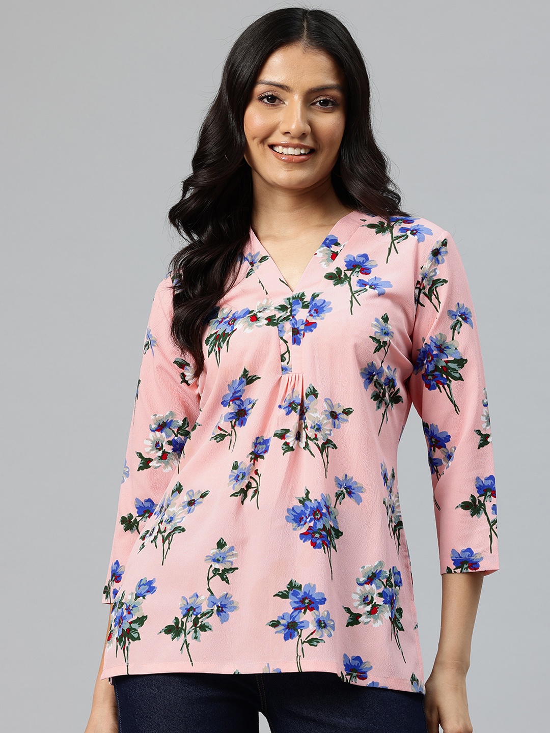 

One Femme Floral Print Crepe Longline Top, Pink