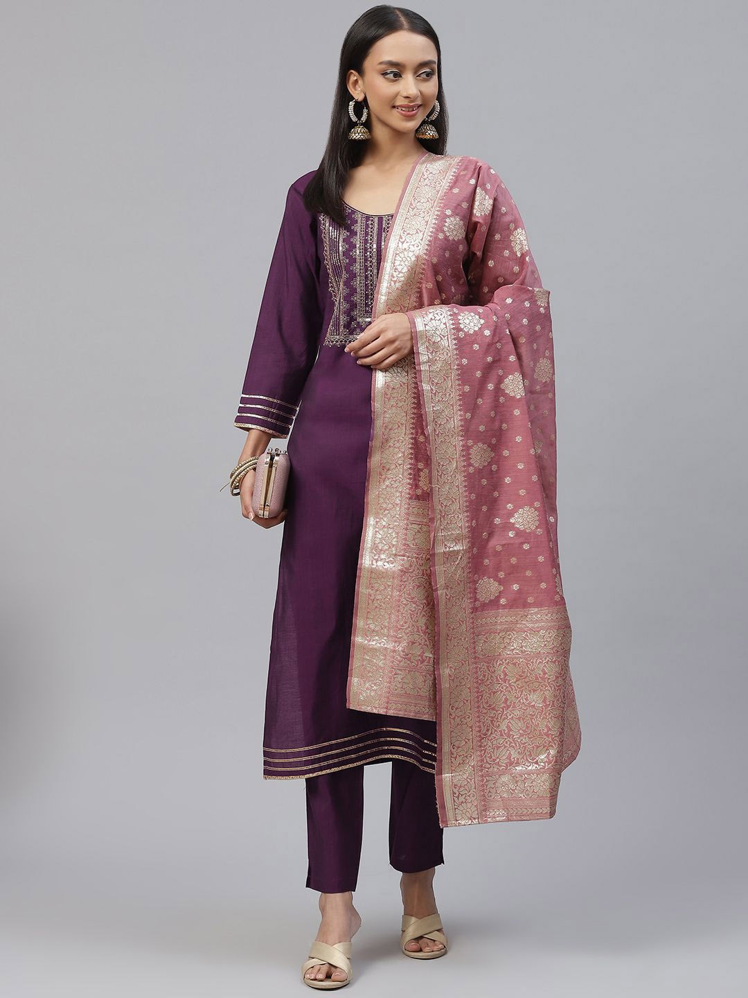 

KALINI Ethnic Motifs Embroidered Regular Straight Kurta With Trousers & Dupatta, Violet