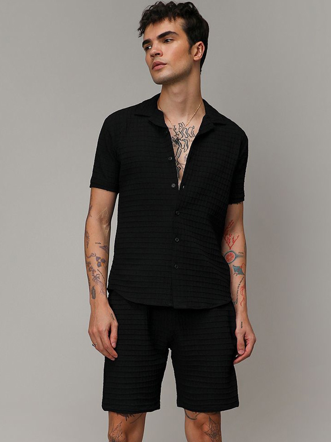 

Campus Sutra Black Textured Self Design Spread Collar Shirt & Shorts