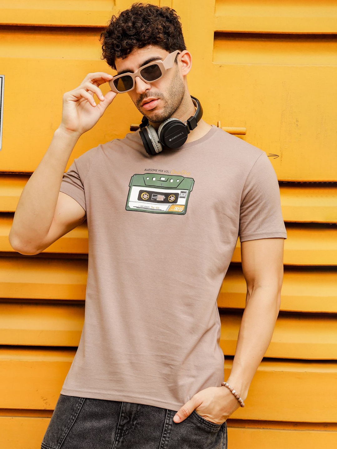 

ONE SKY Striped Printed Round Neck Short Sleeves Cotton T-shirt, Brown