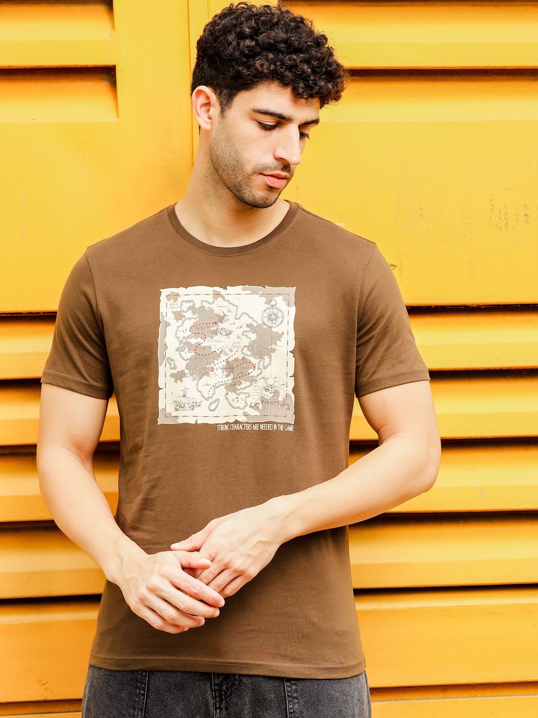 

ONE SKY Graphic Printed Cotton T-shirt, Brown