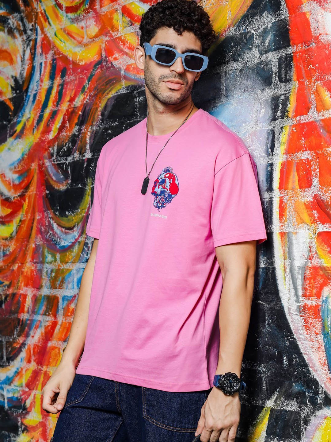 

ONE SKY Graphic Printed Round Neck Cotton T-shirt, Fuchsia