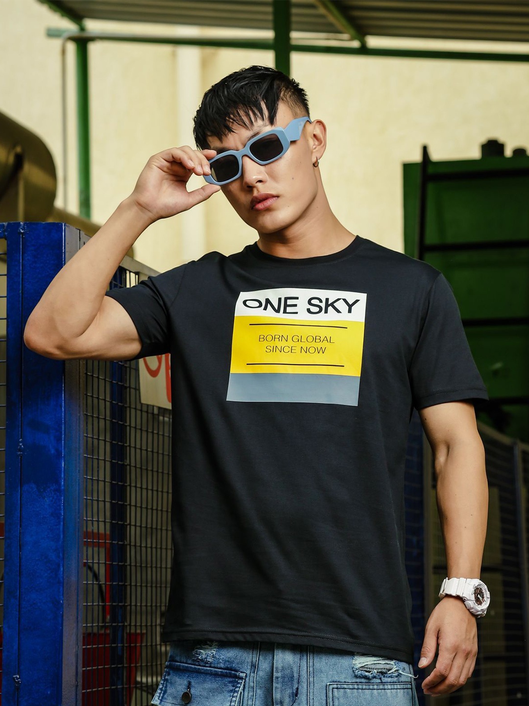 

ONE SKY Typography Printed Round Neck Cotton T-shirt, Black