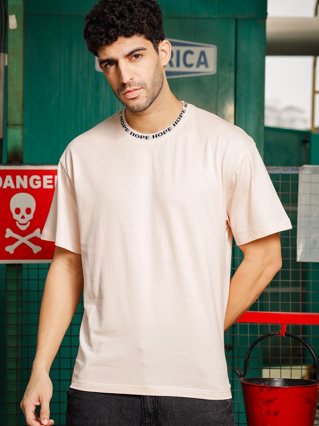 

ONE SKY Round Neck Drop-Shoulder Sleeves Cotton T-shirt, Beige