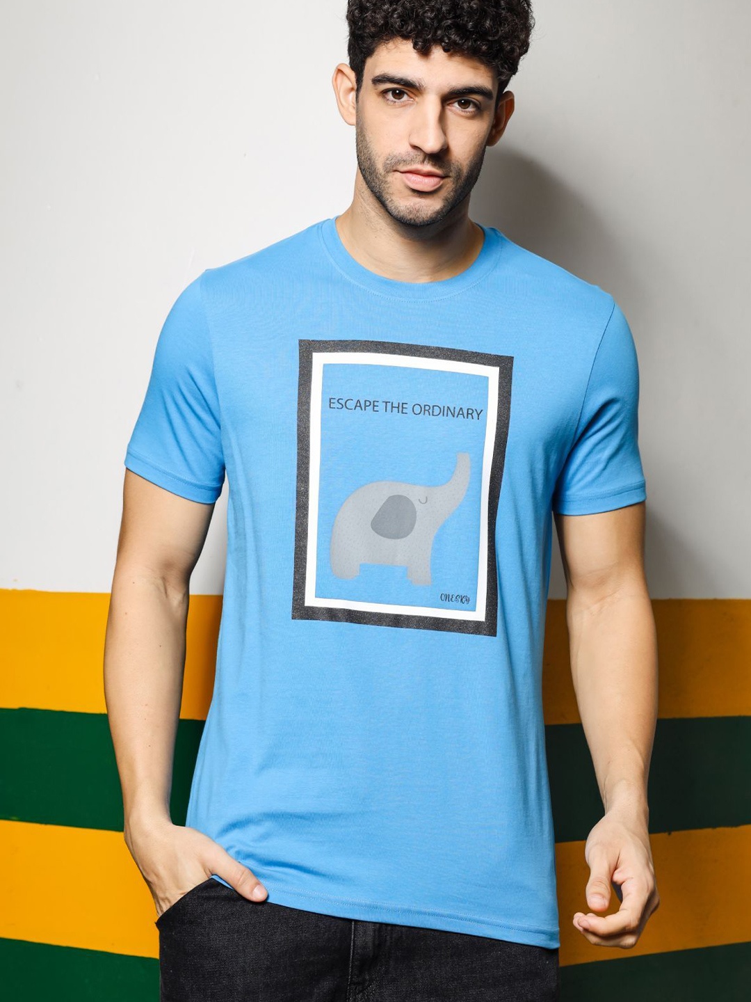 

ONE SKY Typography Printed Round Neck Short Sleeves Cotton T-shirt, Blue