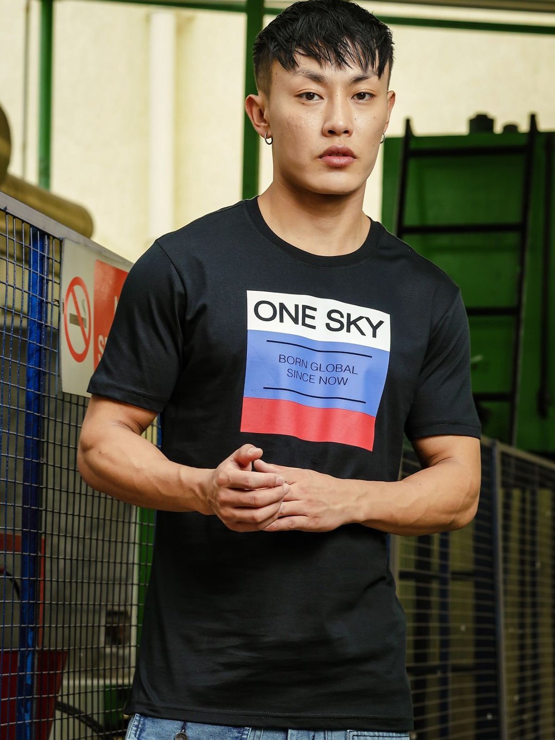 ONE SKY Typography Printed Round Neck Cotton T-shirt, Black