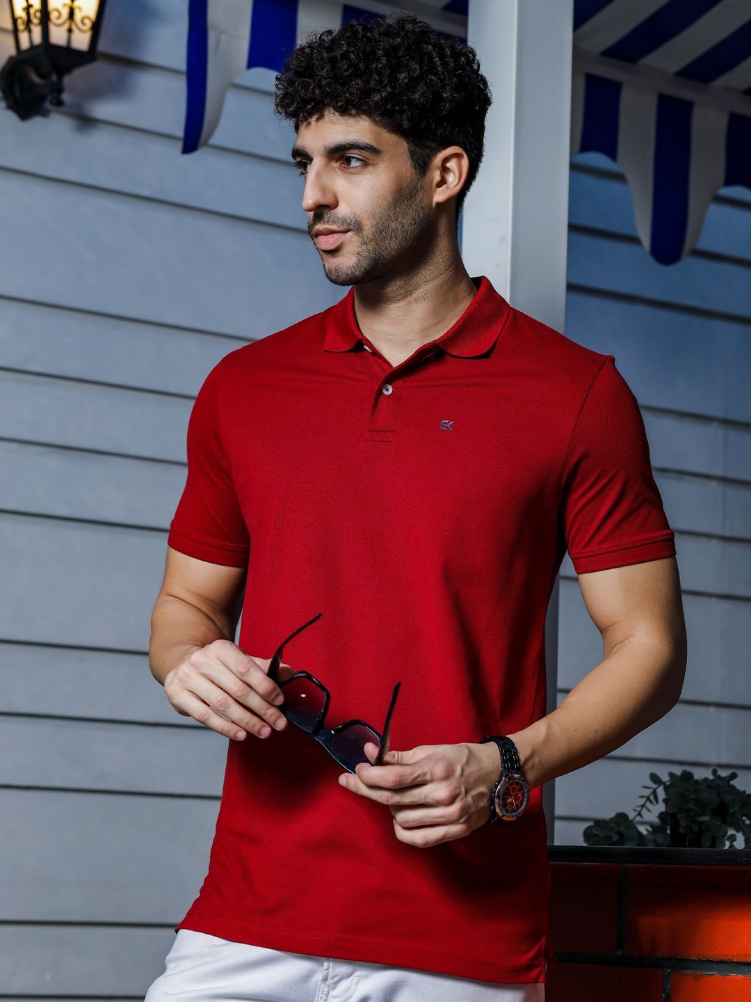 

ONE SKY Striped Polo Collar Short Sleeves Cotton T-shirt, Red
