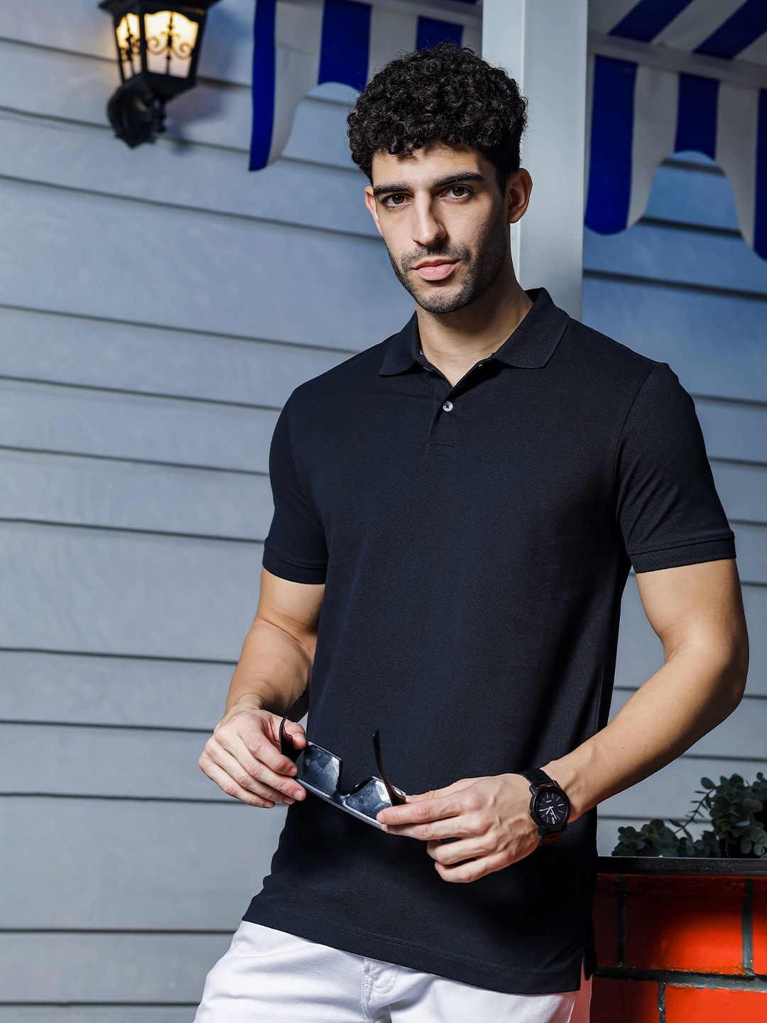 

ONE SKY Polo Collar Short Sleeves Cotton Regular Fit T-shirt, Black