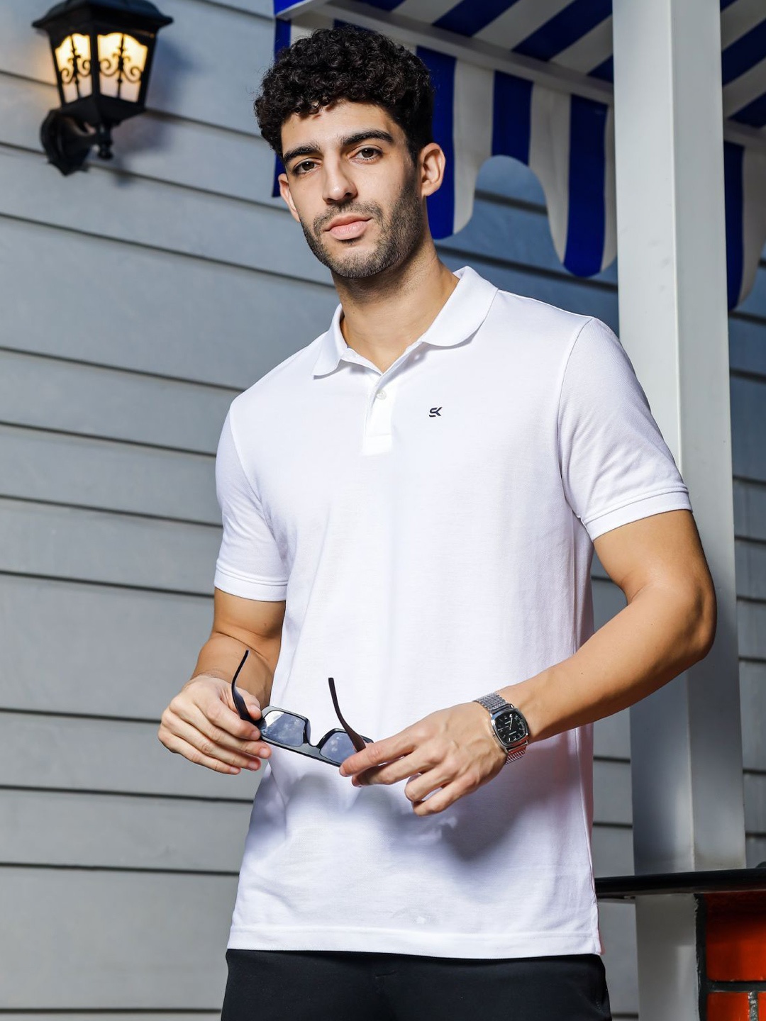 

ONE SKY Polo Collar Cotton T-shirt, White