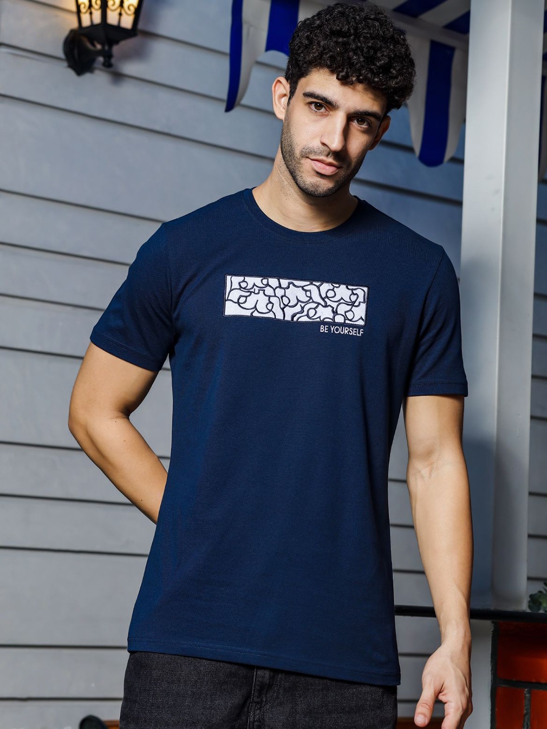 

ONE SKY Striped Round Neck Short Sleeves Cotton T-shirt, Navy blue