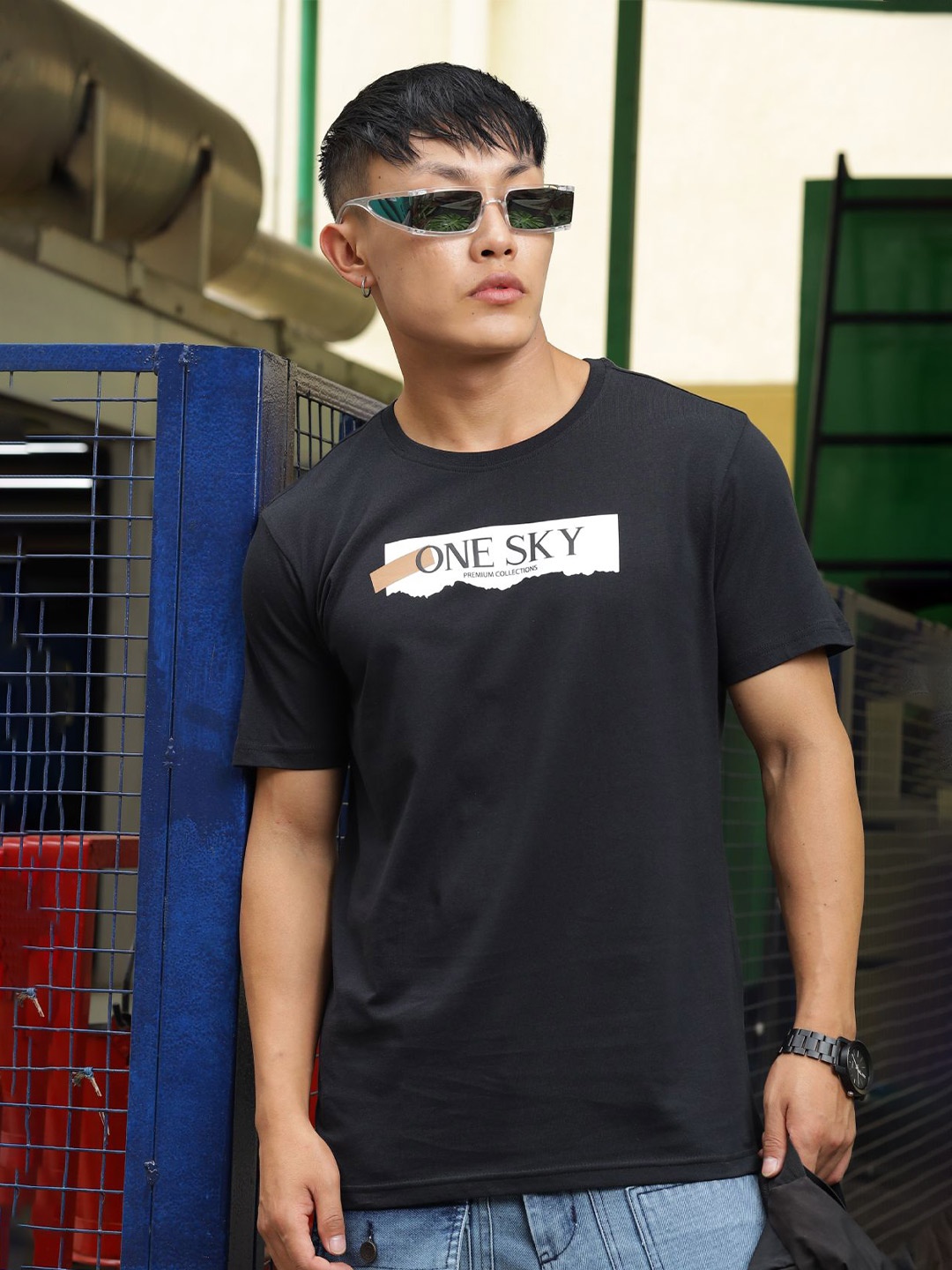 

ONE SKY Typography Printed Round Neck Cotton T-shirt, Black