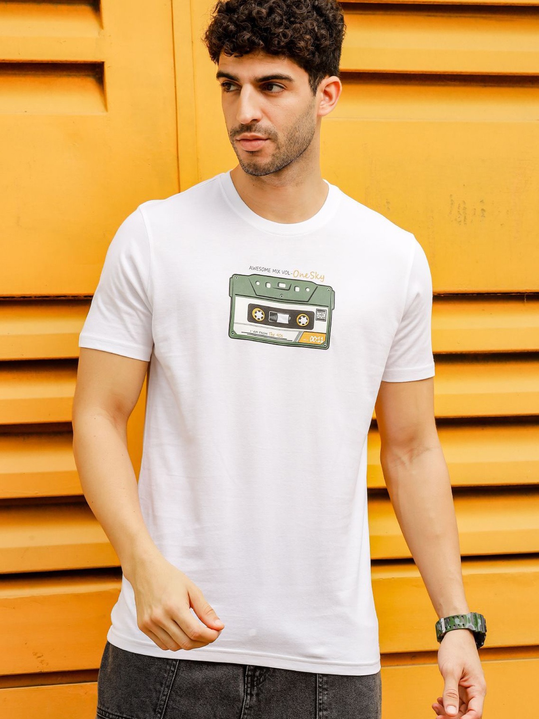 

ONE SKY Graphic Printed Round Neck Cotton T-shirt, White