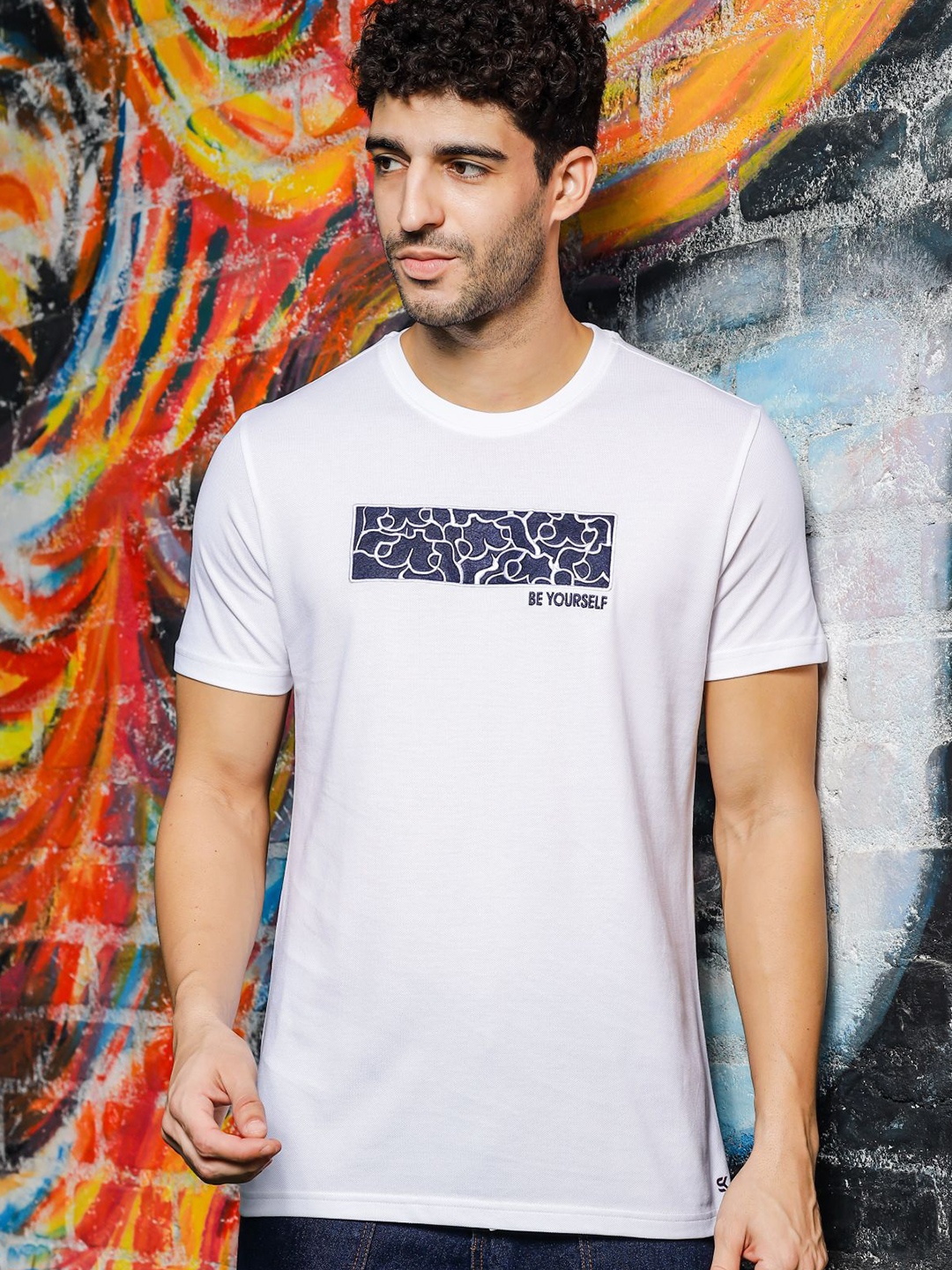 

ONE SKY Typography Printed Round Neck Short Sleeves Cotton T-shirt, White