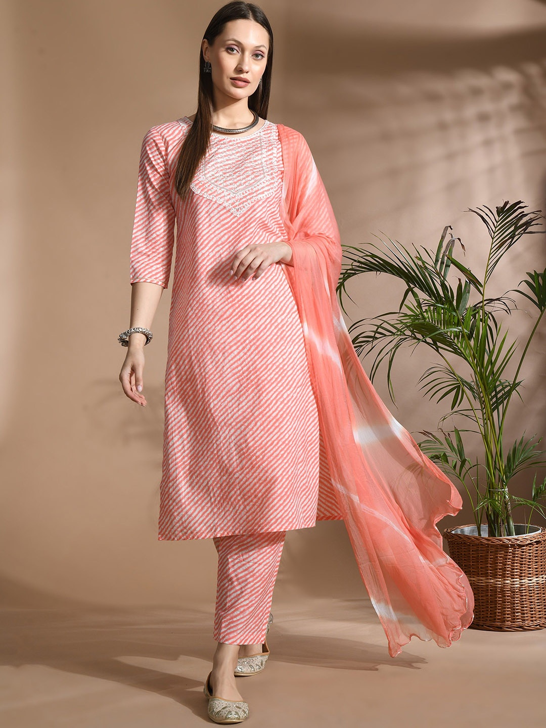 

AAYUMI Leheriya Embroidered Regular Sequinned Pure Cotton Kurta with Trouser & Dupatta, Pink