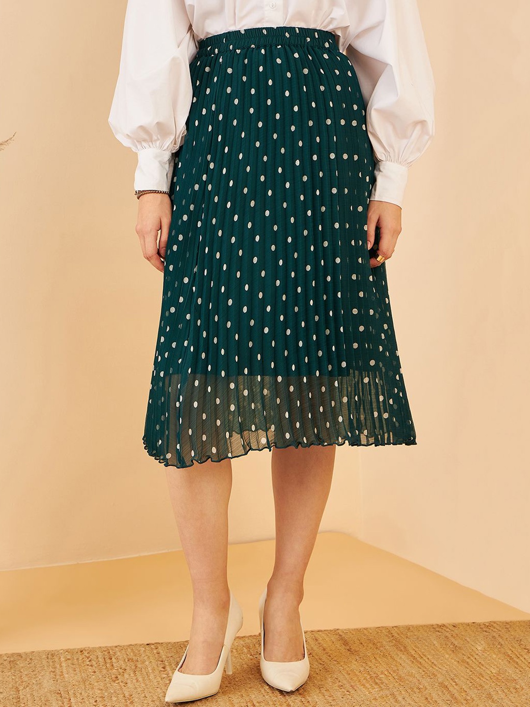 

RARE Polka Dots Printed A-Line Midi Skirts, Green