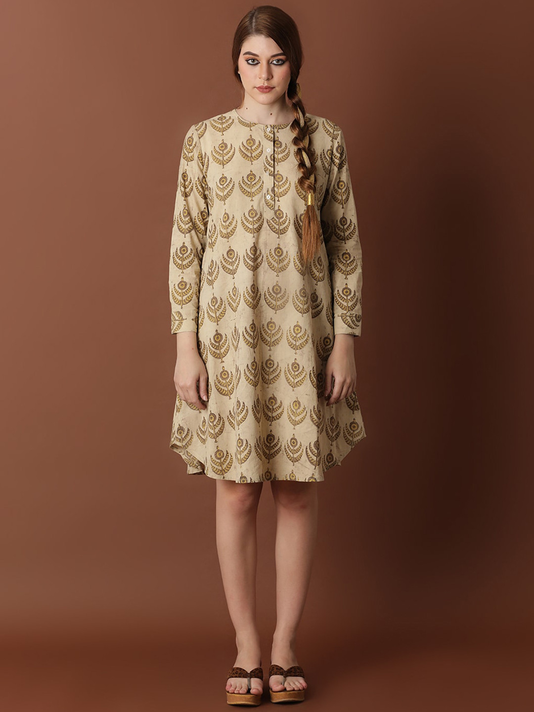 

BLACK & BLAH BLAH Ajrak Handblock Printed Relaxed Fit Cotton Flared Ethnic Dress, Beige