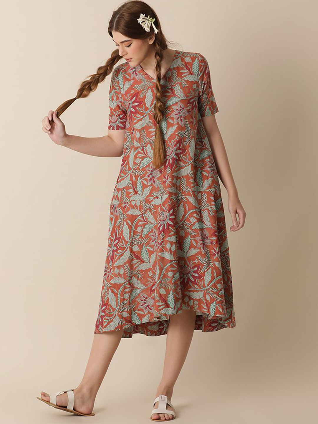 

BLACK & BLAH BLAH Handblock Printed Relaxed Fit Cotton Flared Midi Ethnic Dress, Rust