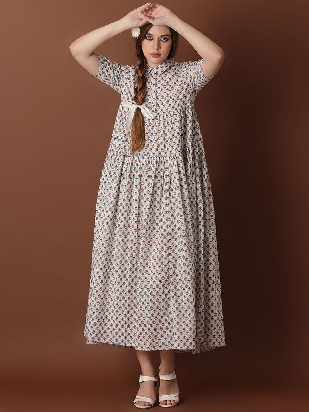 

BLACK & BLAH BLAH Handblock Printed Relaxed Fit Cotton Flared Maxi Ethnic Dress, White