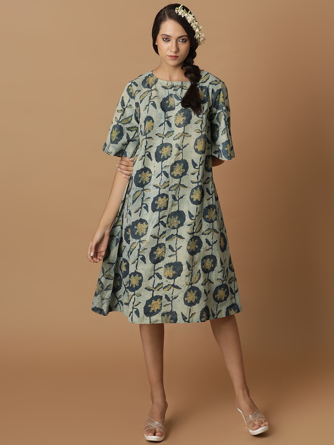 

BLACK & BLAH BLAH Ajrak Handblock Printed Relaxed Fit Cotton Flared Midi Ethnic Dress, Teal