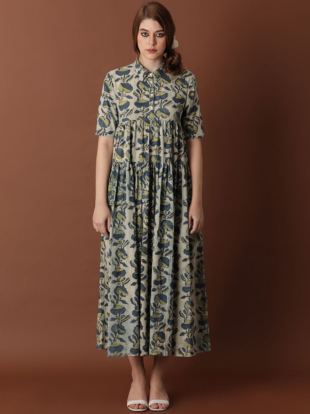 

BLACK & BLAH BLAH Ajrak Handblock Printed Relaxed Fit Cotton Flared Maxi Ethnic Dress, Teal