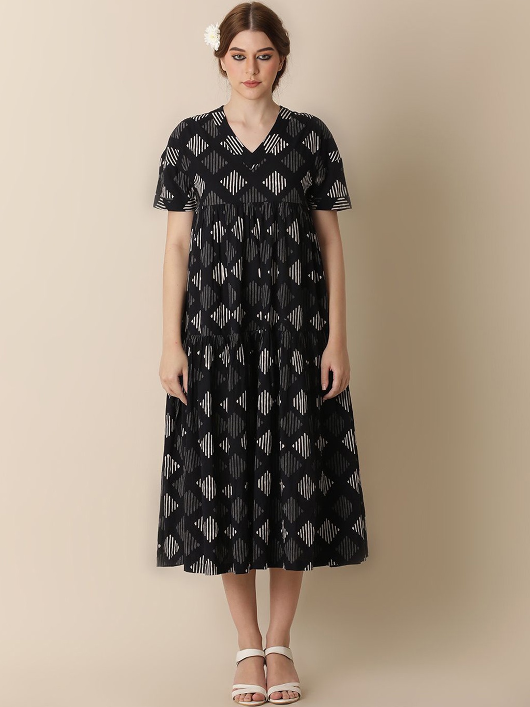 

BLACK & BLAH BLAH Handblock Printed Relaxed Fit Cotton Flared Maxi Ethnic Dress