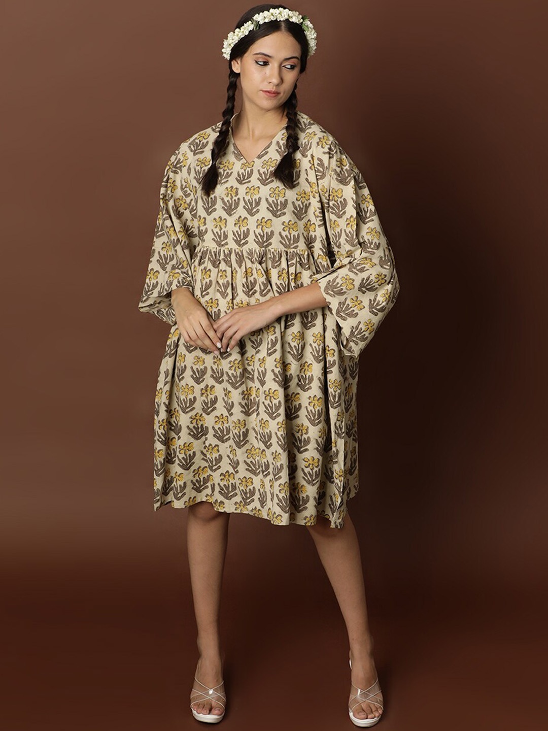 

BLACK & BLAH BLAH Ajrak Handblock Printed Relaxed Fit Cotton Flared Midi Ethnic Dress, Beige