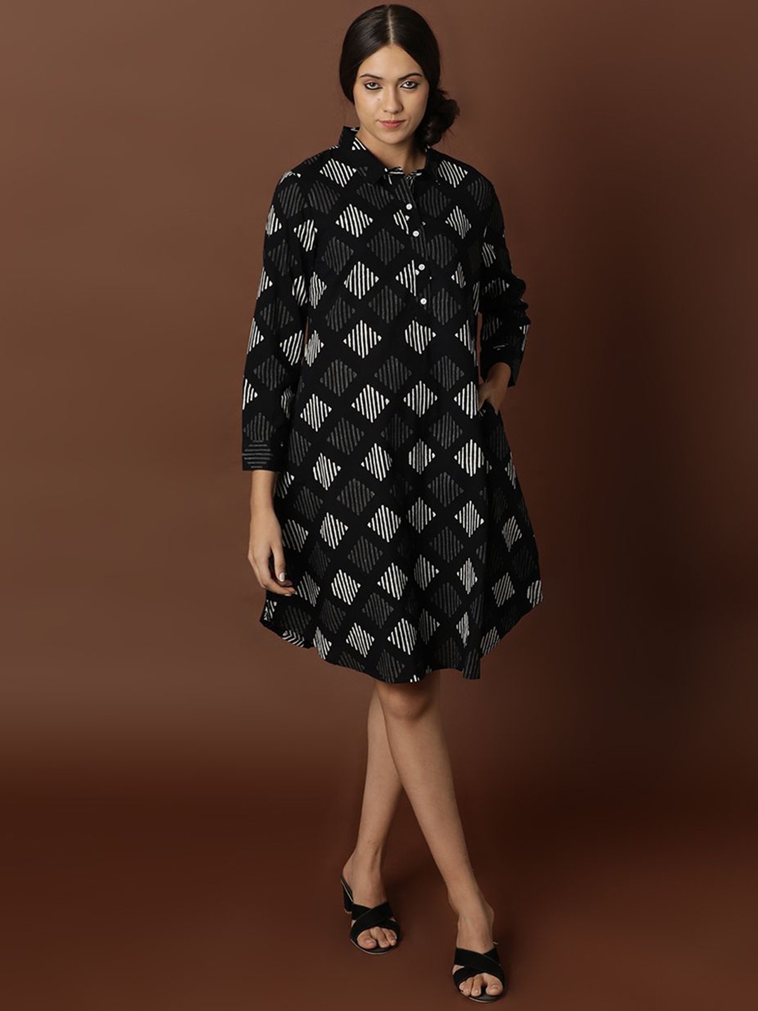 

BLACK & BLAH BLAH Handblock Printed Relaxed Fit Cotton Flared Above Knee Ethnic Dress