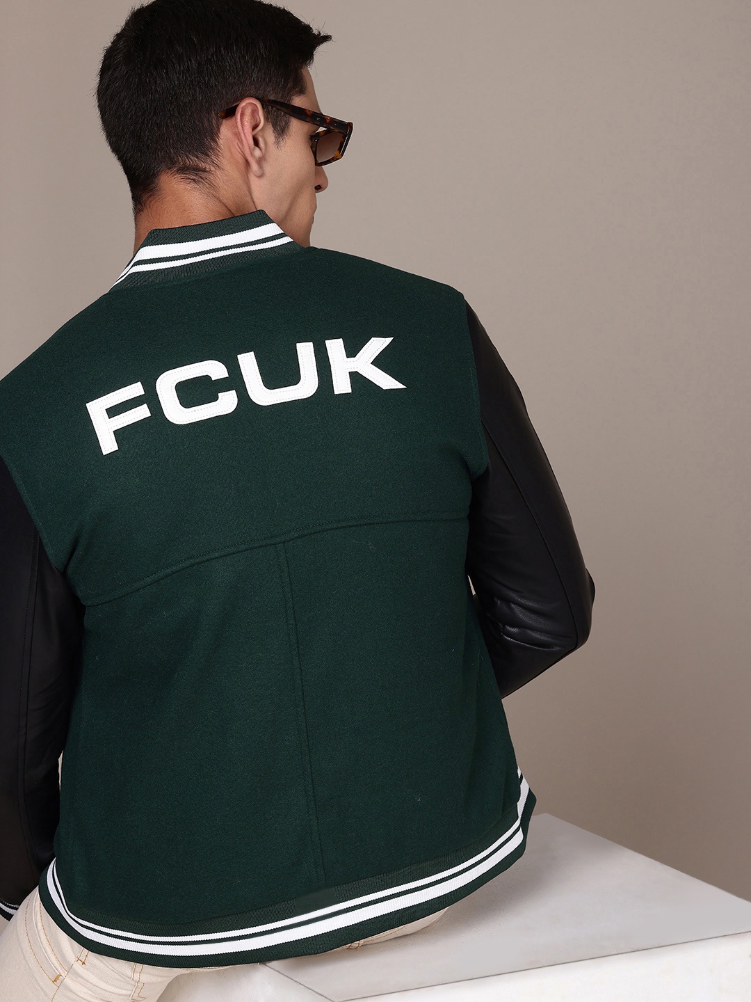 

FCUK Brand Logo Printed Mock Collar Varsity Jacket, Green