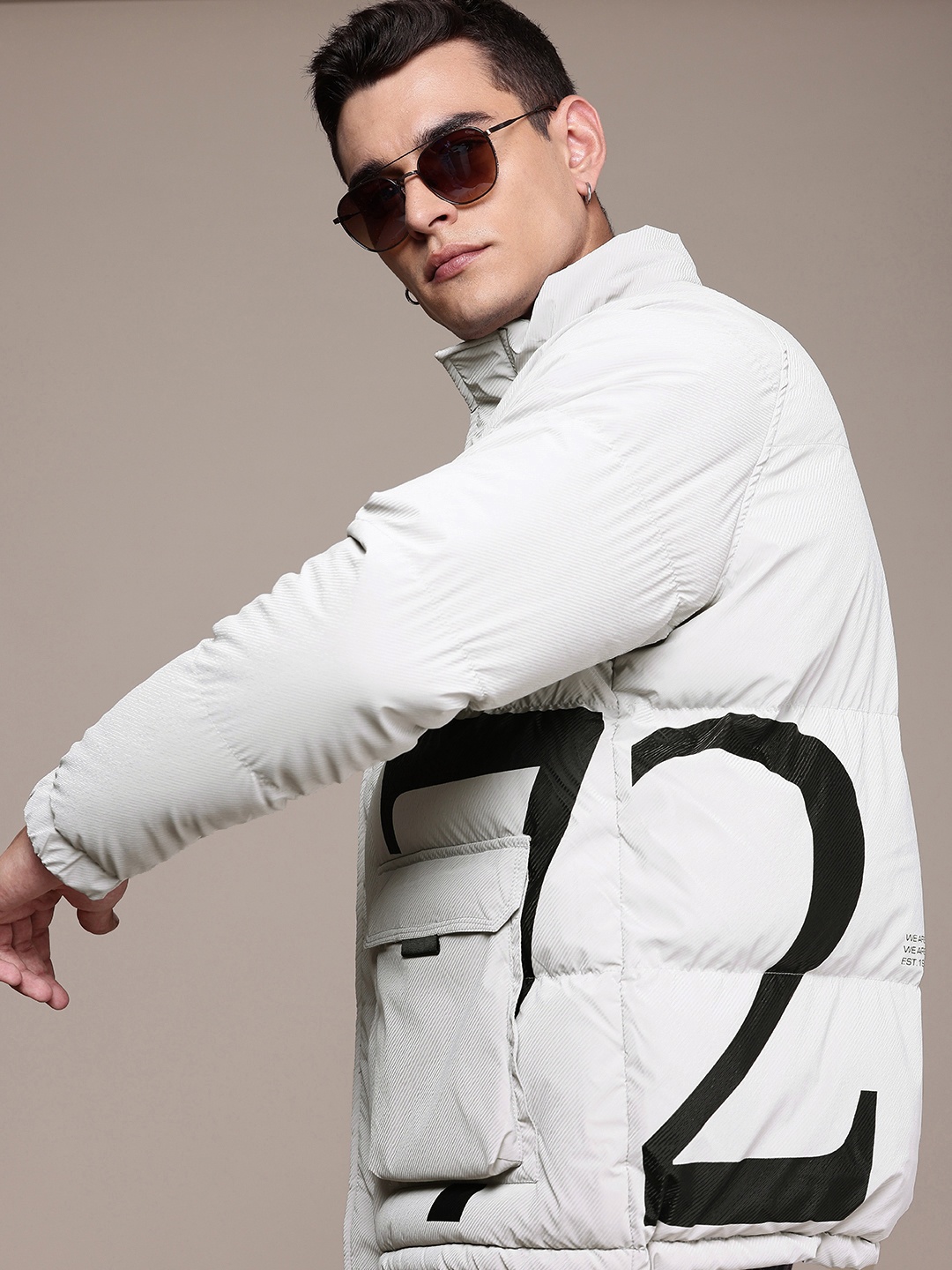 

FCUK Typography Printed Stand Collar Puffer Jacket, Grey