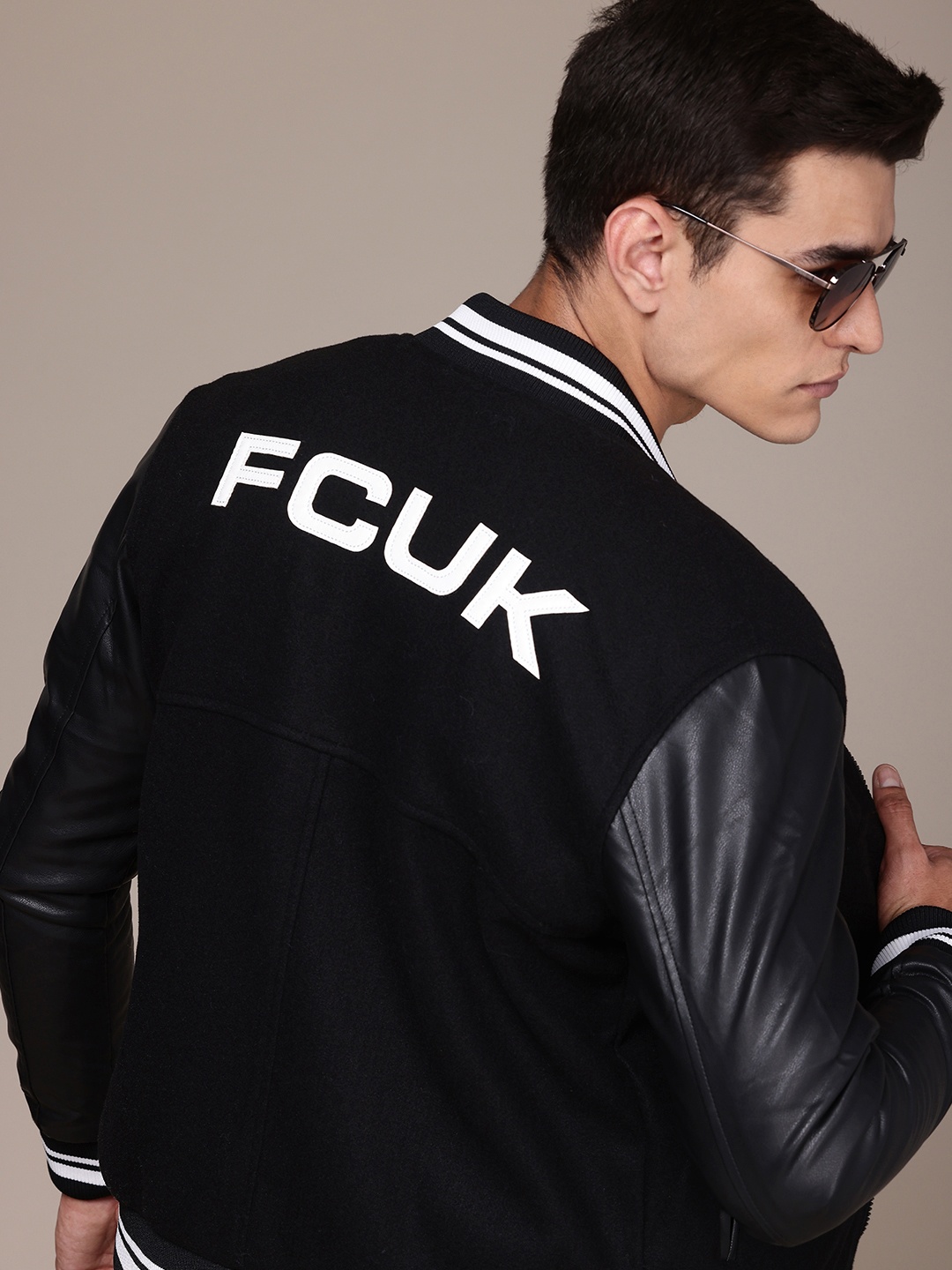 

FCUK Stand Collar Brand Logo Applique Detail Varsity Jacket, Black