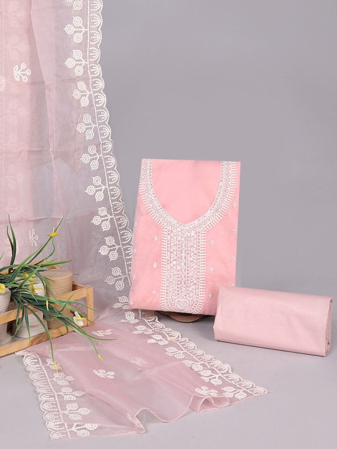 

JC4U Floral Embroidered Pure Cotton Unstitched Dress Material, Peach