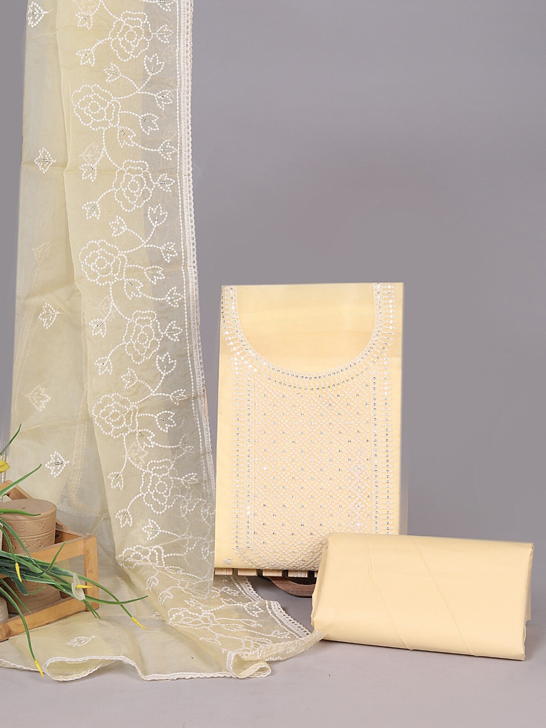 

JC4U Floral Embroidered Pure Cotton Unstitched Dress Material, Yellow