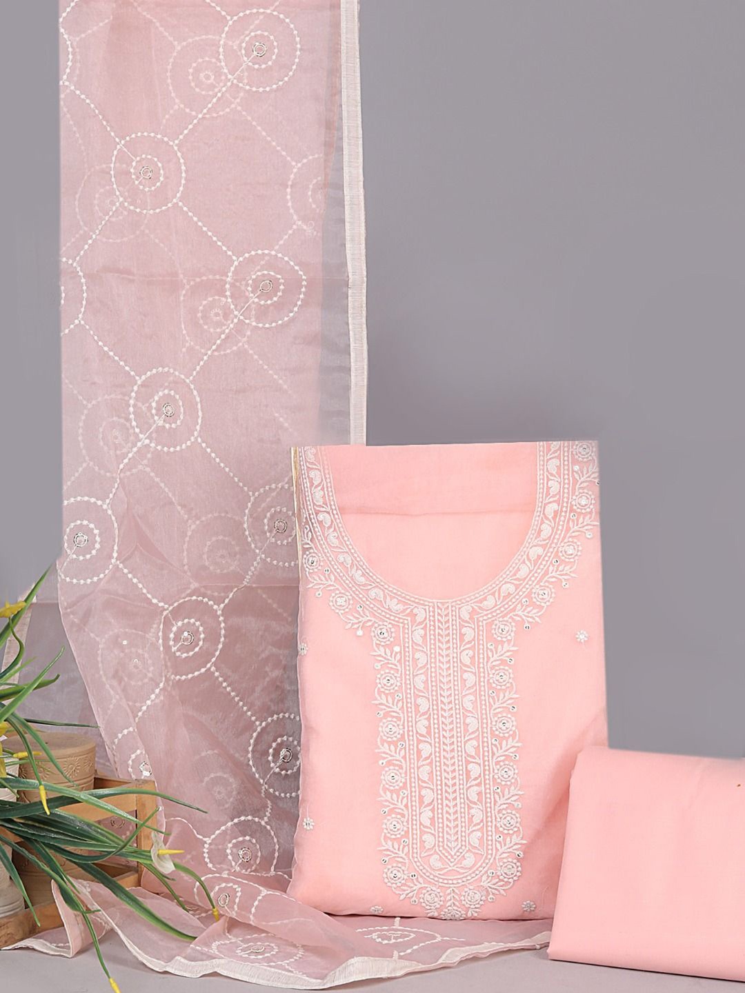 

JC4U Ethnic Motifs Embroidered Pure Cotton Unstitched Dress Material, Peach