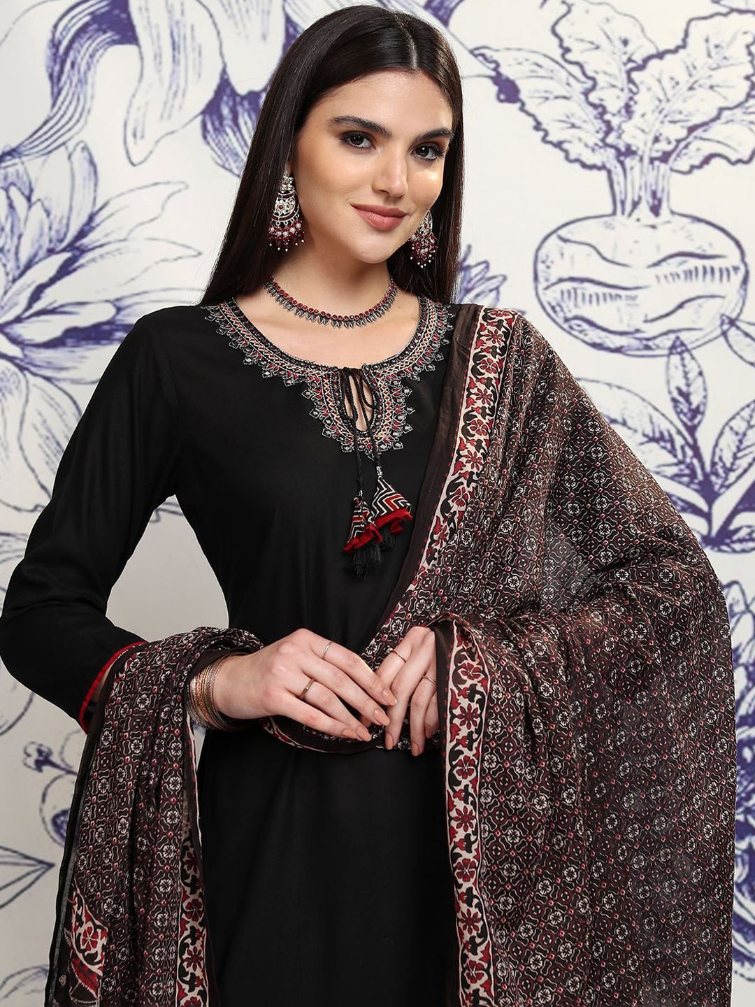 

Vishudh Black & Red Floral Embroidered Regular Kurta with Trousers & With Dupatta