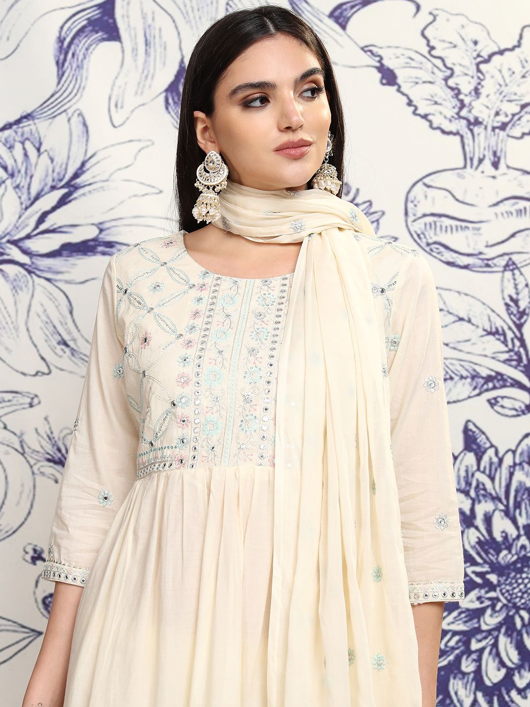 

Vishudh White Ethnic Motifs Embroidered Regular Thread Work Pure Cotton Anarkali Kurta Set