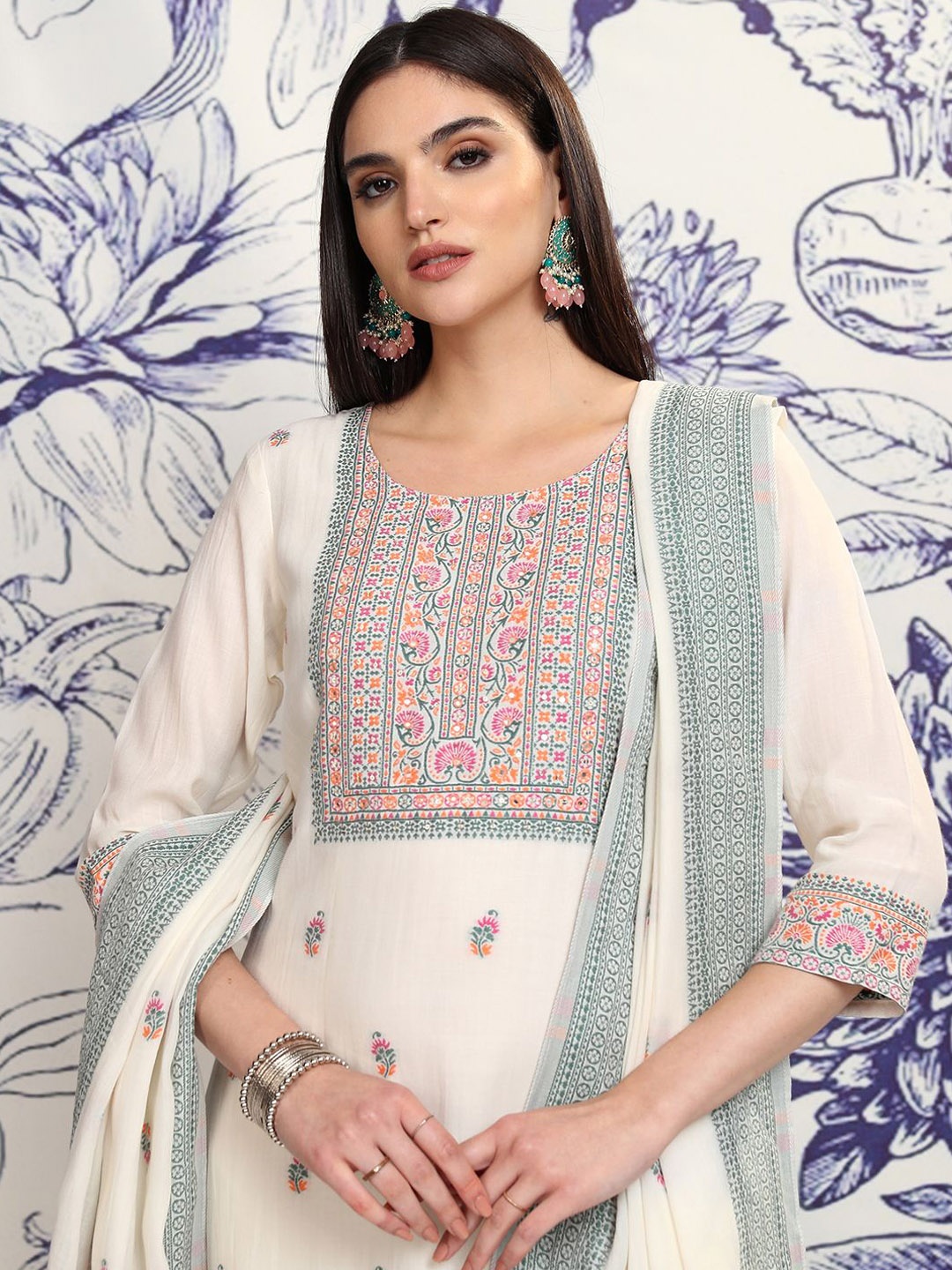 

Vishudh Floral Embroidered Pure Cotton Straight Kurta & Trousers With Dupatta, Off white
