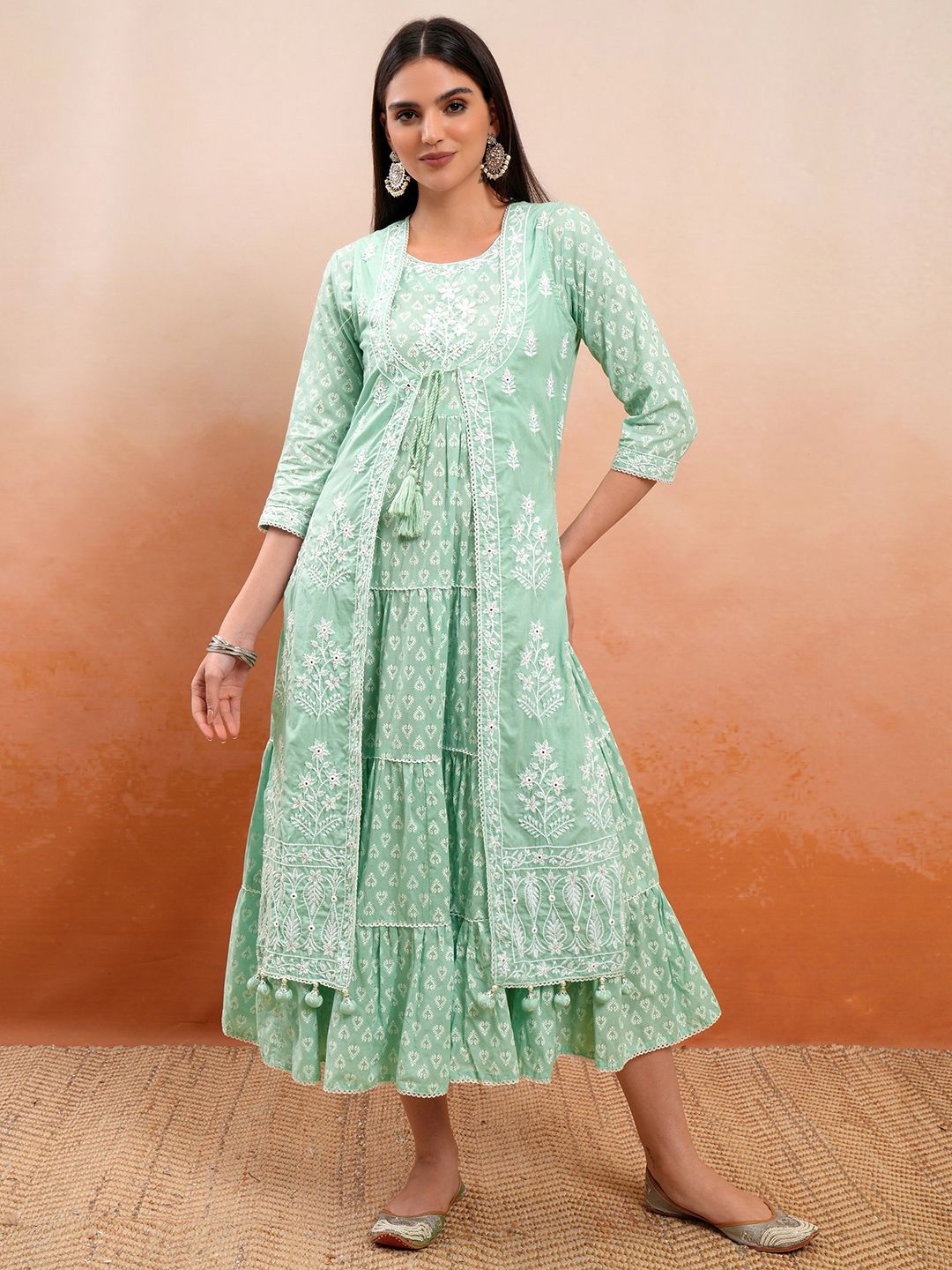 

Vishudh Women Floral Embroidered Cotton A-Line Midi Dress, Green