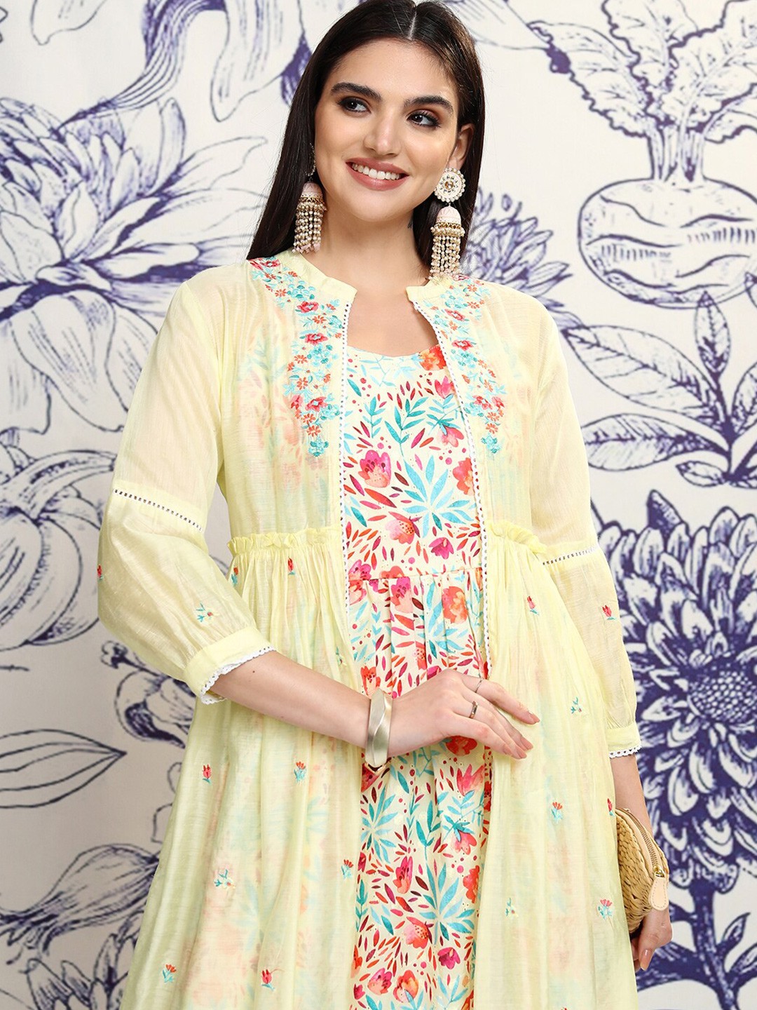 

Vishudh YELLOW Floral Print Embroidered Round Neck Tired Maxi Dress With Shrug