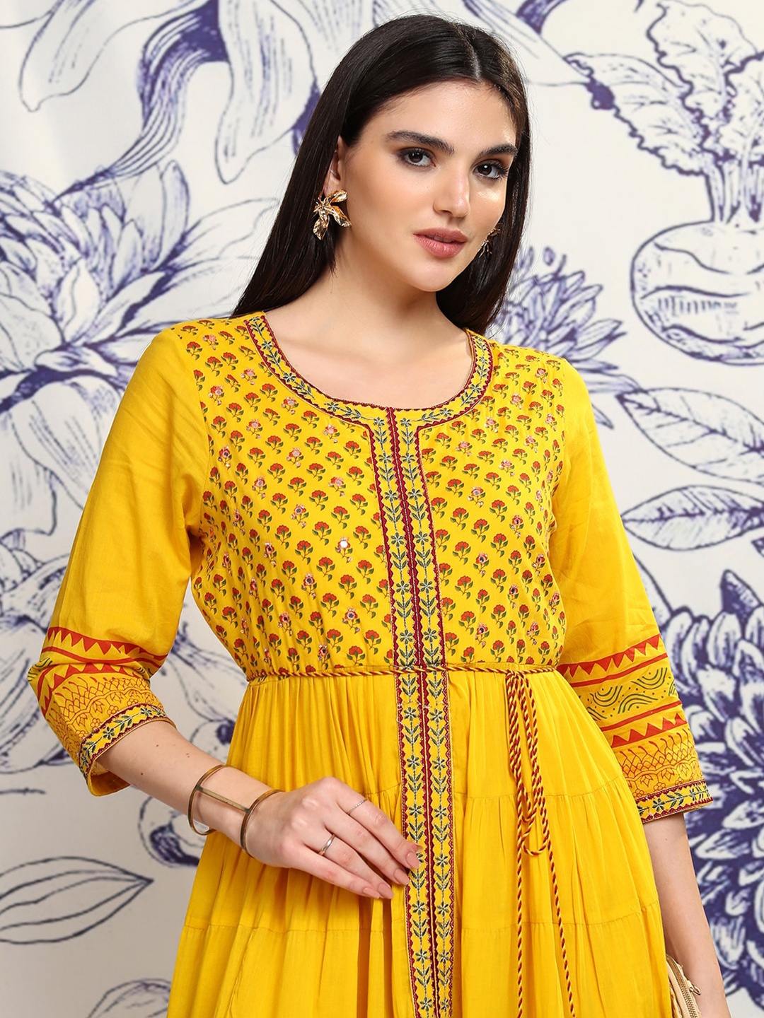 

Vishudh Mustard Yellow Printed Gathered Tiered Cotton Midi Fit & Flare Dress