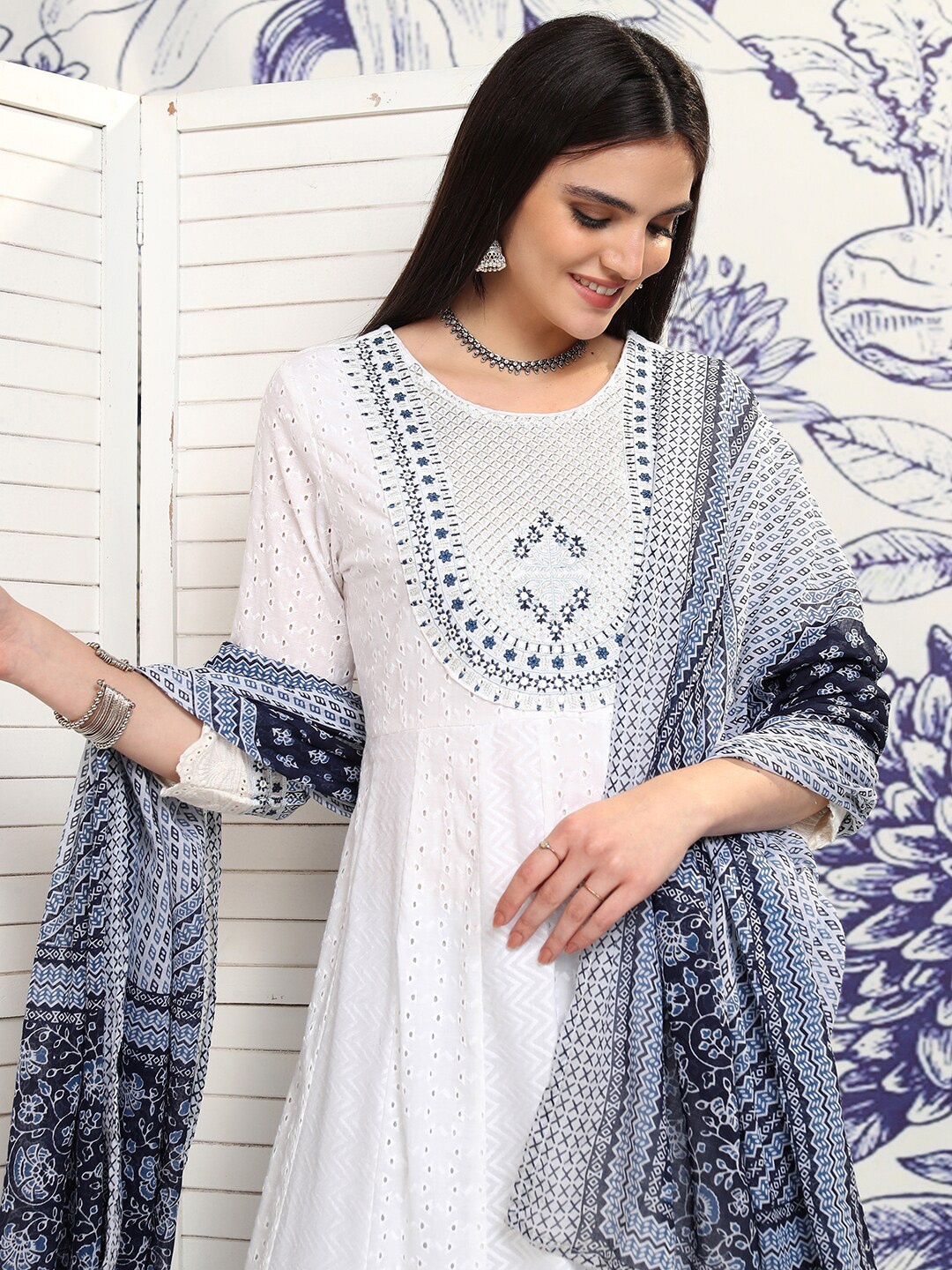 

Vishudh White & Blue Embroidered Regular Pure Cotton Kurta with Trousers & Dupatta