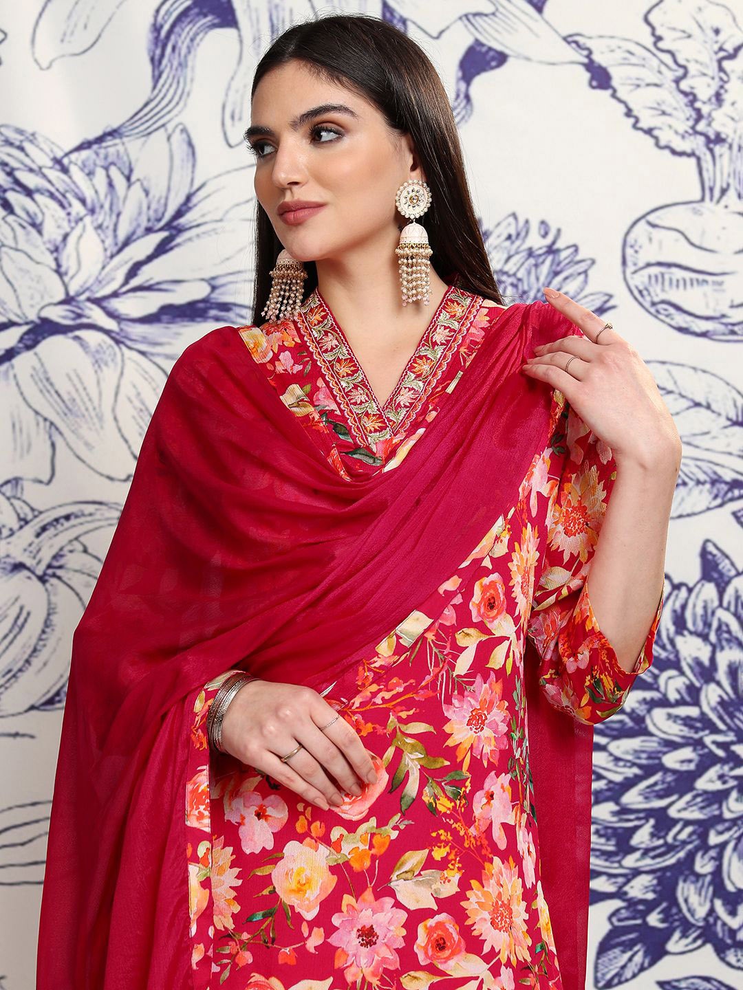 

Vishudh Red Floral Embroidered Regular Kurta with Trousers & With Dupatta