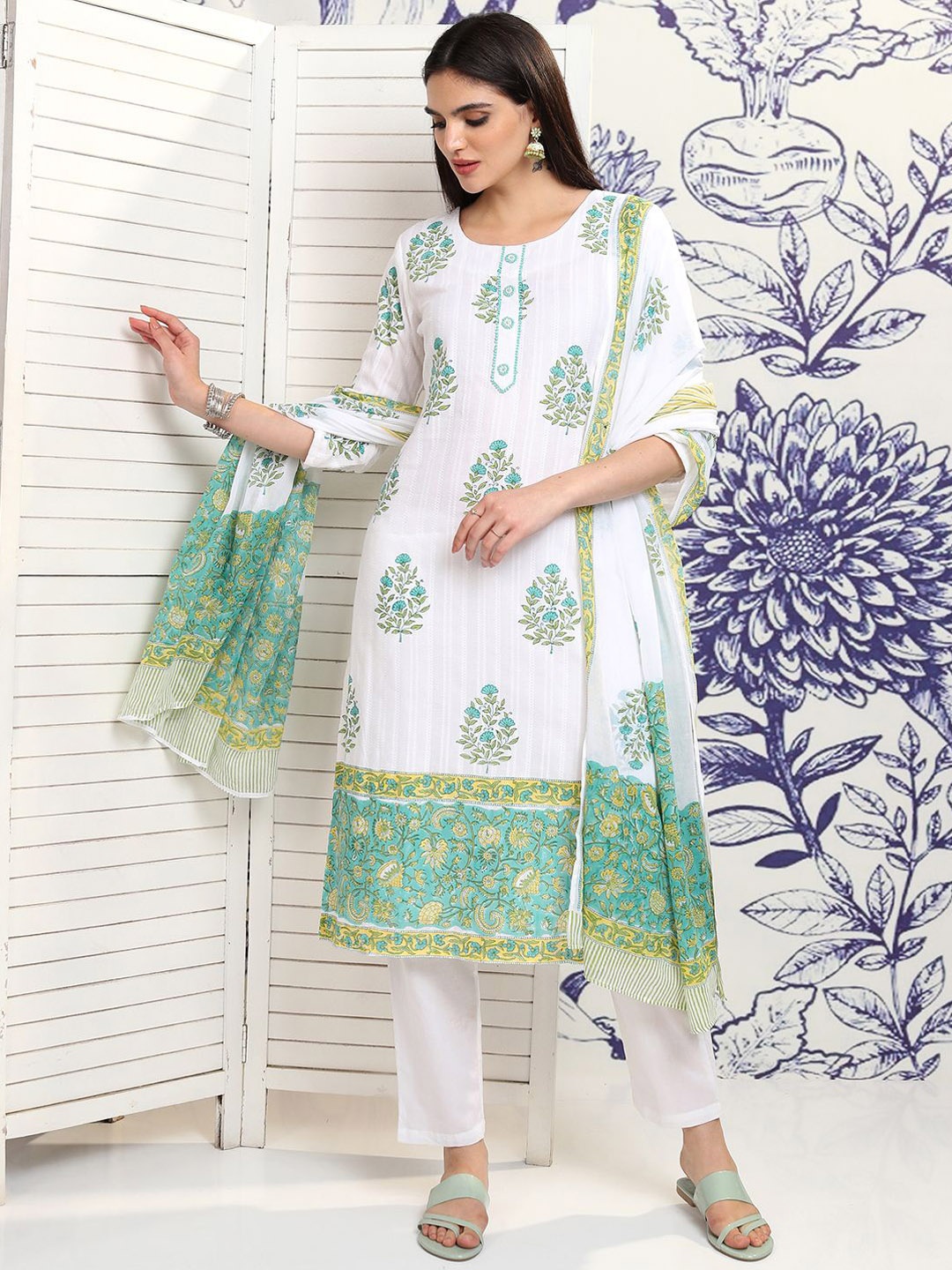 

Vishudh White Floral Printed Pure Cotton Straight Kurta With Trousers & Dupatta