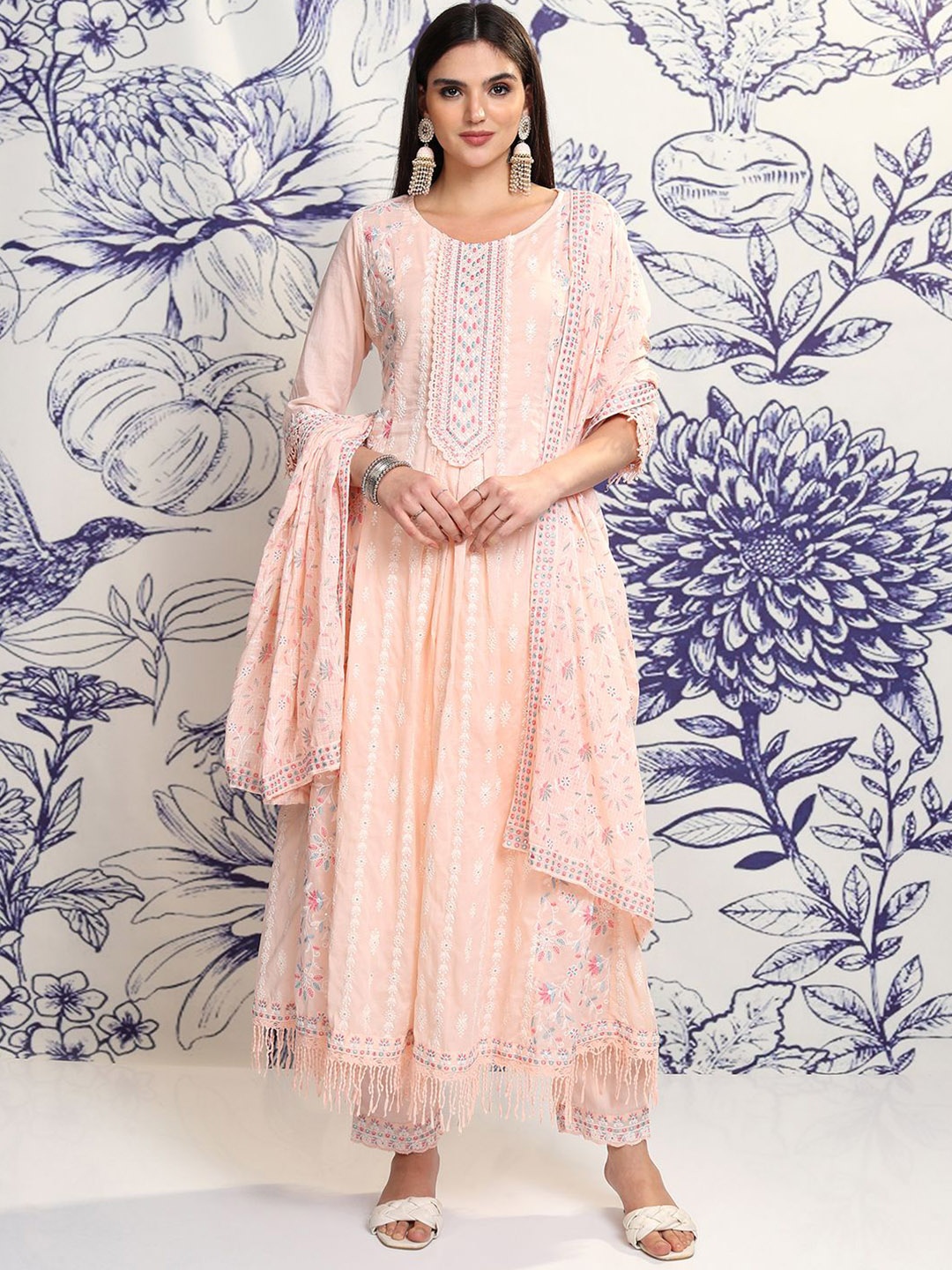 

Vishudh Peach Round Neck Ethnic Motifs Embroidered Pure Cotton Anarkali Kurta Set