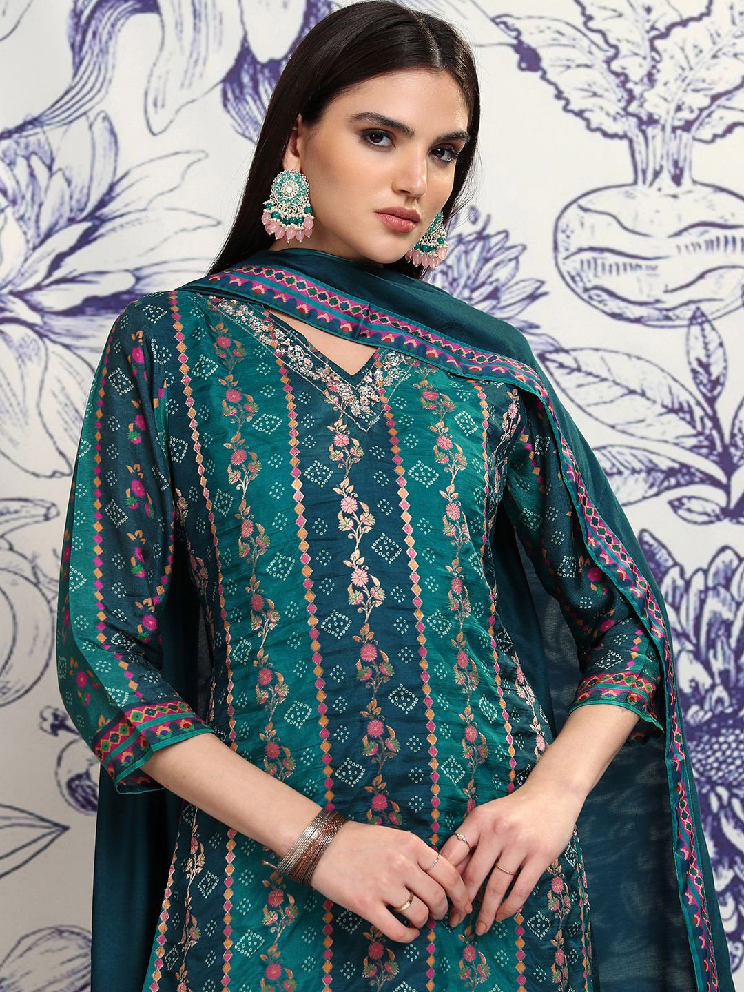 

Vishudh Blue Ethnic Motifs Printed Zari Straight Kurta With Trousers & Dupatta