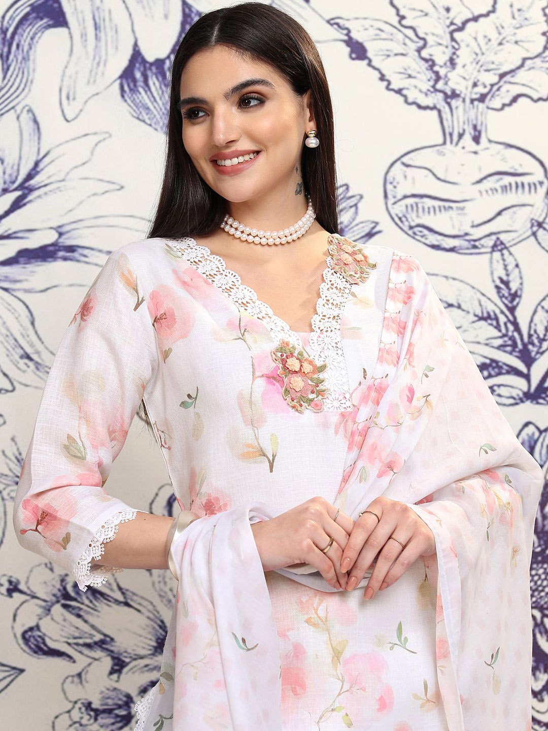 

Vishudh Pink & White Floral Printed Regular Pure Cotton Kurta with Trousers & With Dupatta