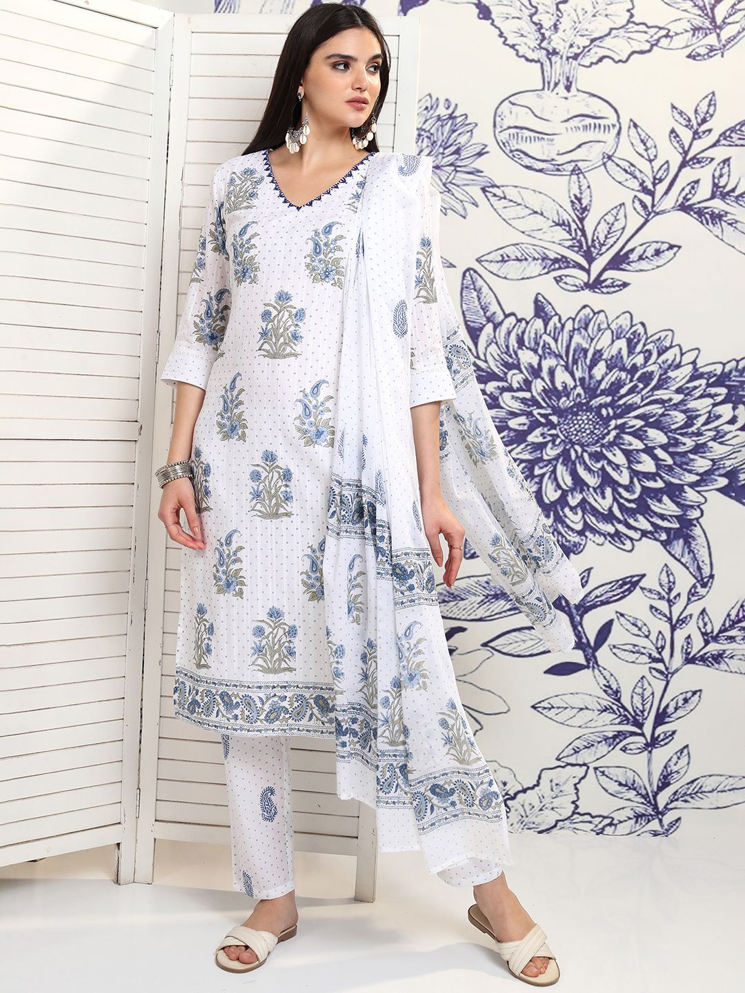 

Vishudh Floral Printed Pure Cotton Straight Kurta & Trousers With Dupatta, White